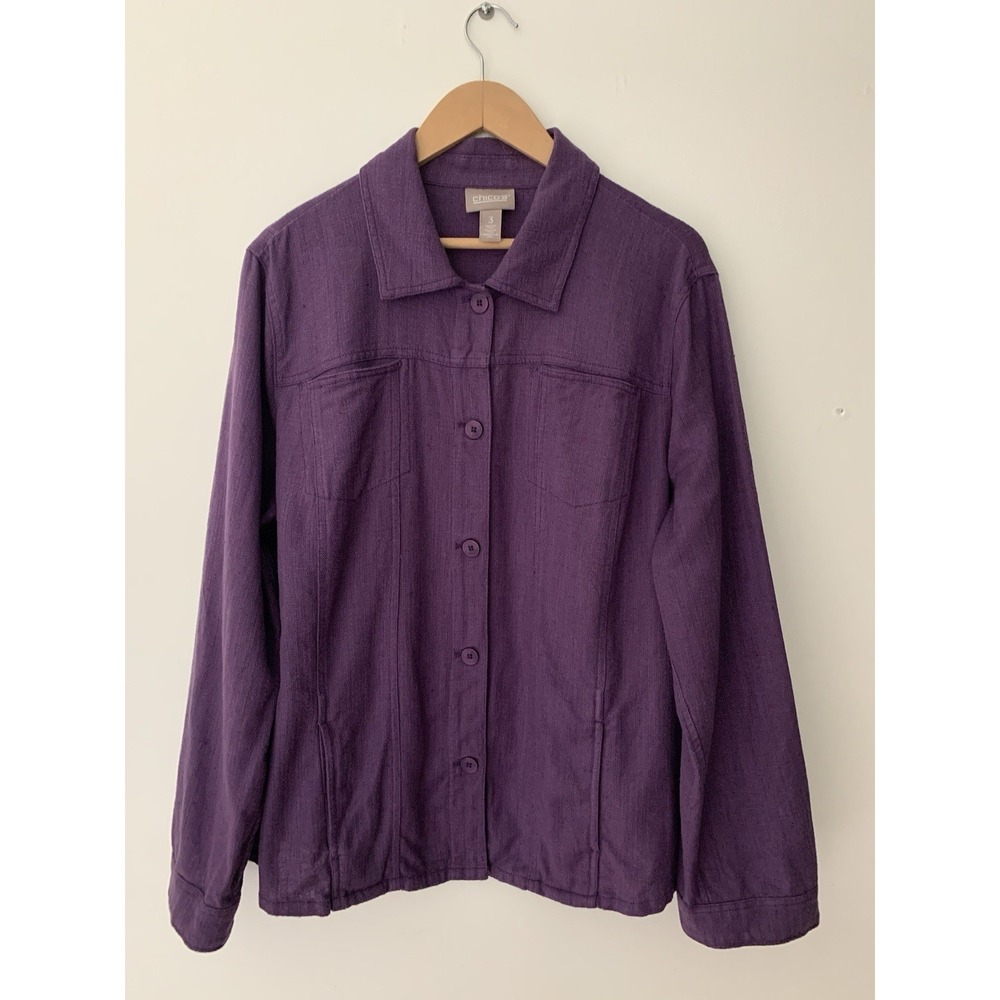 Chicos Purple Jacket Button Down Sz 3 Linen Cotton Lagenlook Breathable Collar